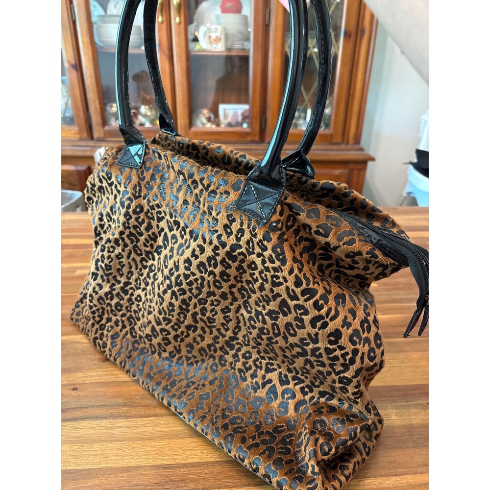 Unbranded Leopard Print Tote Bag Womens Large Brown Excellent Faux Fur Patent